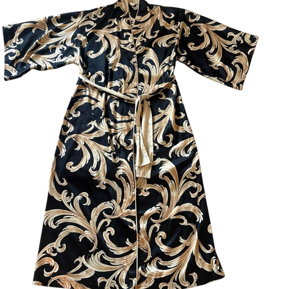 Natori Classics Belted Black & Gold Baroque Print Kimono Maxi Robe / Dress - Picture 7 of 10